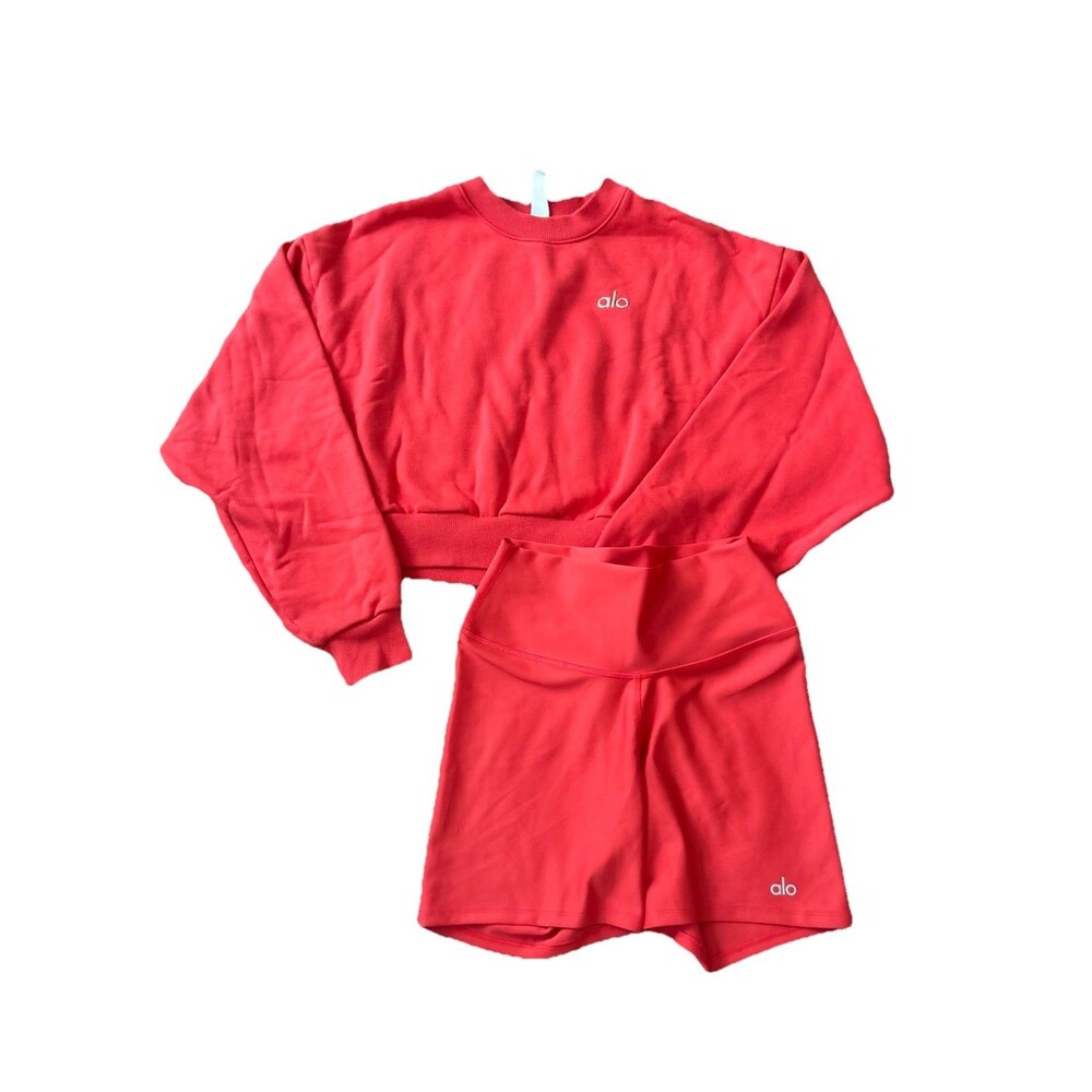 Alo Candy Red Accolade Crewneck And Airlift Shorts Set Small